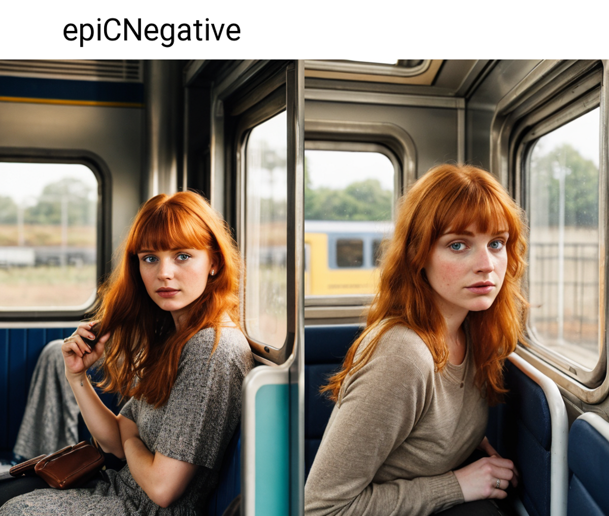 photo, woman sitting in a train, ginger hair, bangs